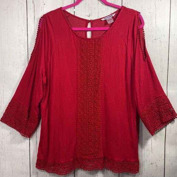 Peter Nygard Red Crochet Embroidered Slit Flared Sleeve Round Neck Blouse - Picture 7 of 16
